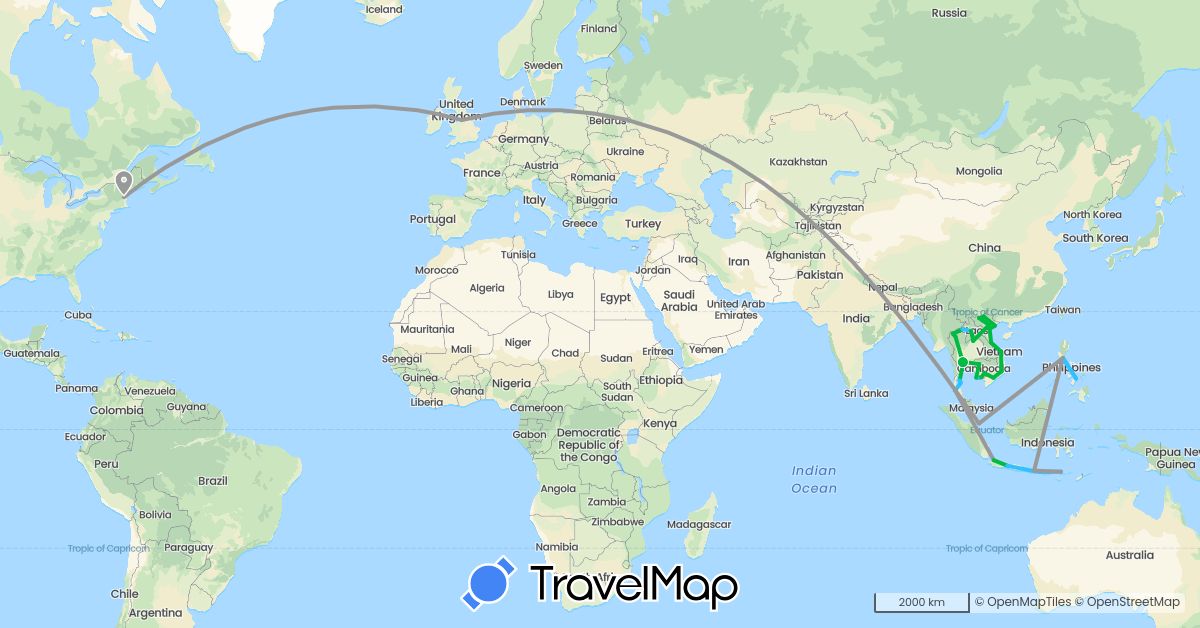 TravelMap itinerary: driving, bus, plane, boat in United Kingdom, Indonesia, Cambodia, Laos, Malaysia, Philippines, Singapore, Thailand, Vietnam (Asia, Europe)
